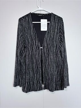 NWT Fiori Black Silver Glitter Open Front Cardigan Size Medium